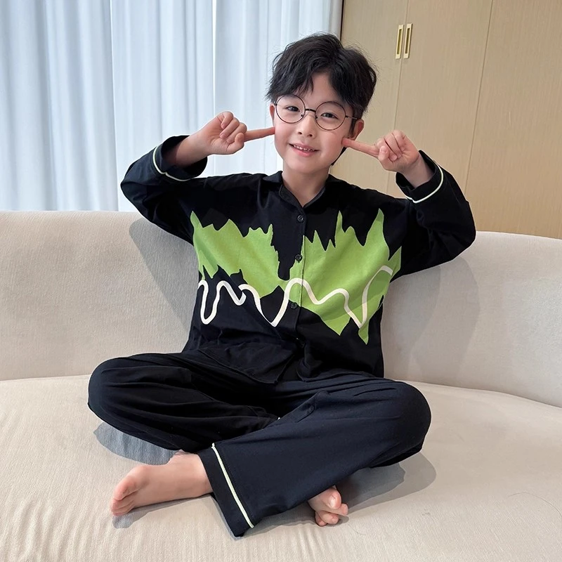 儿童纯棉春秋睡衣2025新款青少年男孩洋气翻领家居服男童长袖套装