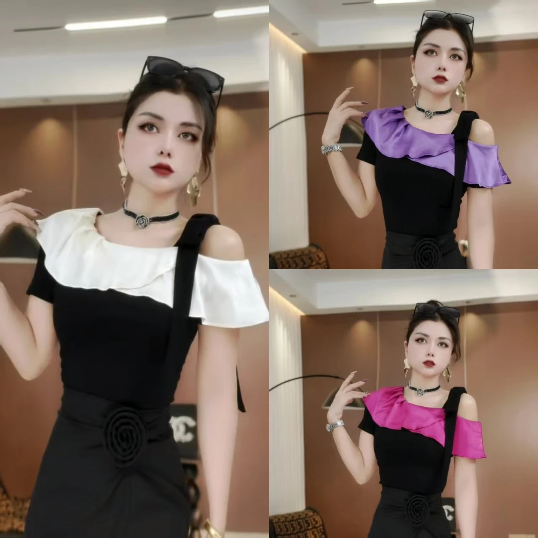 [燕子原创]新款斜肩短袖女夏季气质优雅百搭荷叶边拼接露肩T恤110