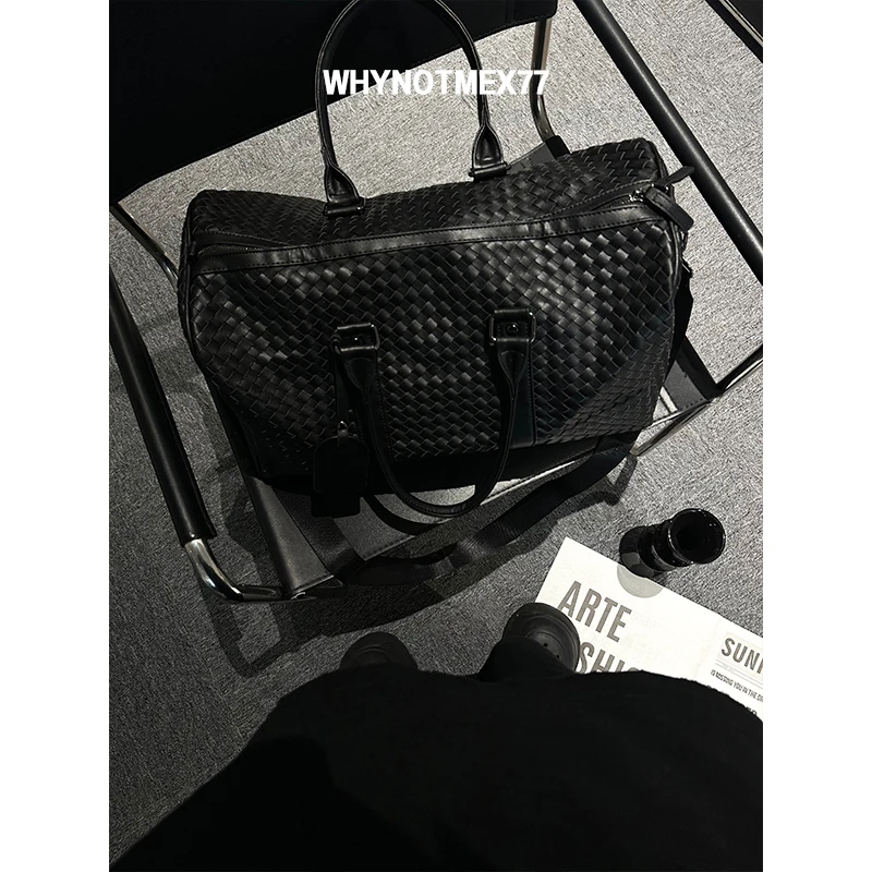 【序77】黑色百搭编制包单肩旅行包男女大容量出差旅行健身包夏季