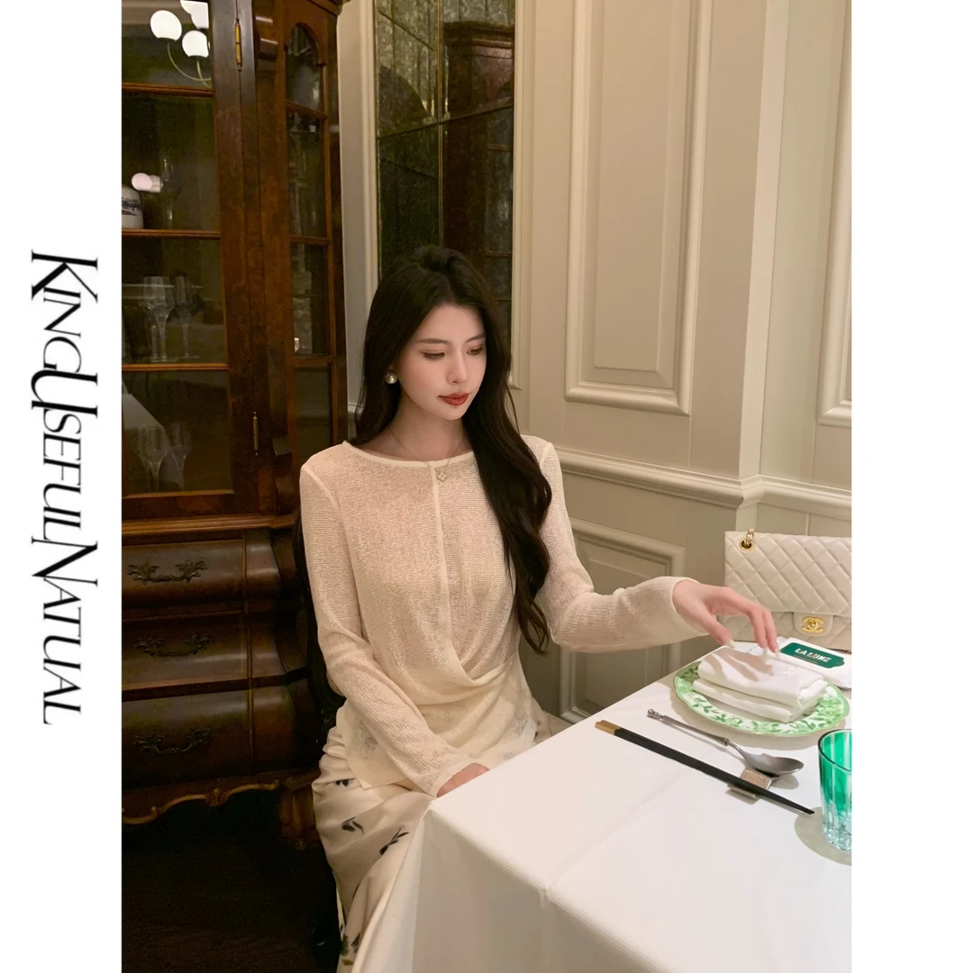 KUN【夏眠】松弛朦胧感 经典一字领麻感针织交叉下摆不挑人长袖上衣