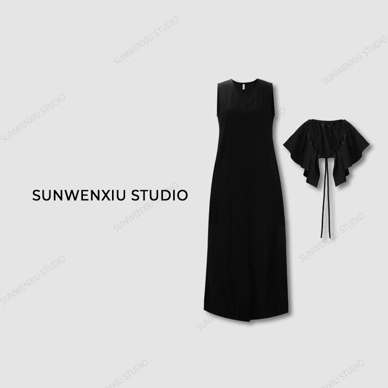 swx studio3店 “魔术裙”黑色无袖韩里韩气一衣多穿设计感连衣裙