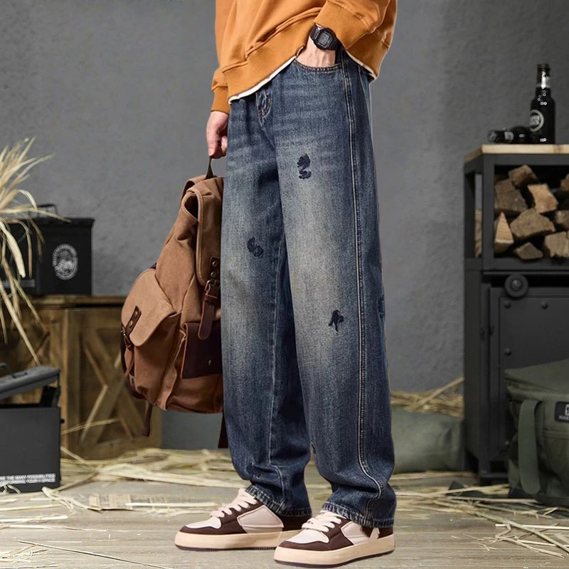 高端美式刺绣牛仔裤男秋冬加绒保暖直筒裤宽松休闲裤复古水洗男裤
