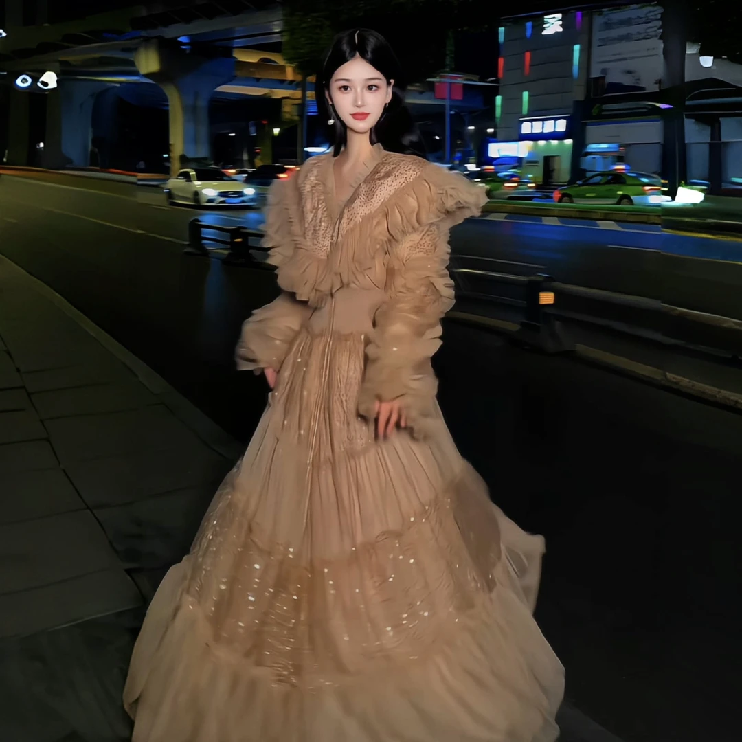 亚町家原创外套时尚甜美秋冬气质显瘦蕾丝珠片绣法式收腰长袖2641