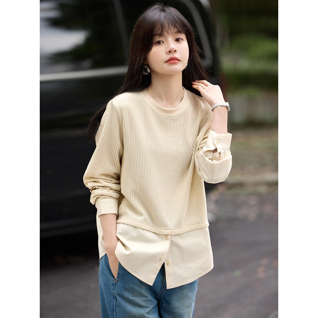 沫晗依美假两件拼接慵懒卫衣25春季新款小众宽松针织拼接衬衫卫衣