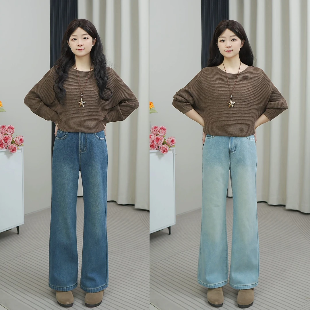 【周一一】小个子秋冬新款加绒复古高腰宽松百搭直筒微喇牛仔裤女