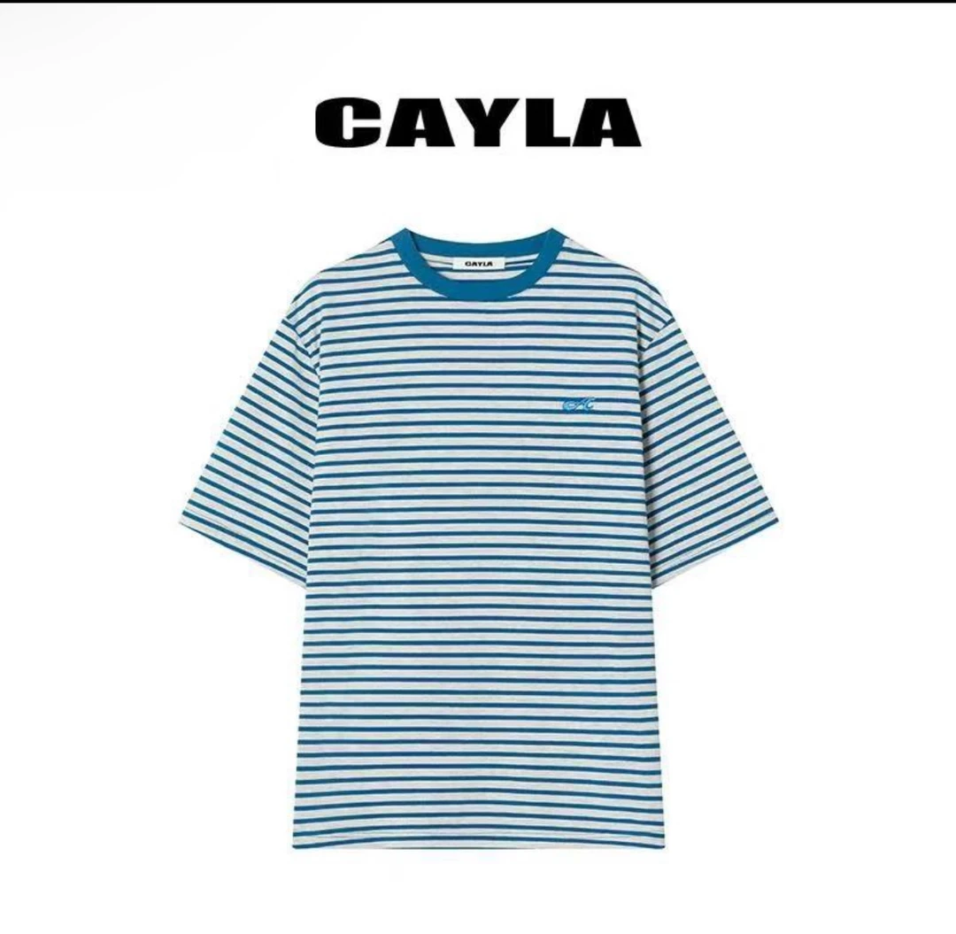 CAYLA 25春夏 AW012 宽松型T恤圆领上衣条纹设计师情侣短袖撞色