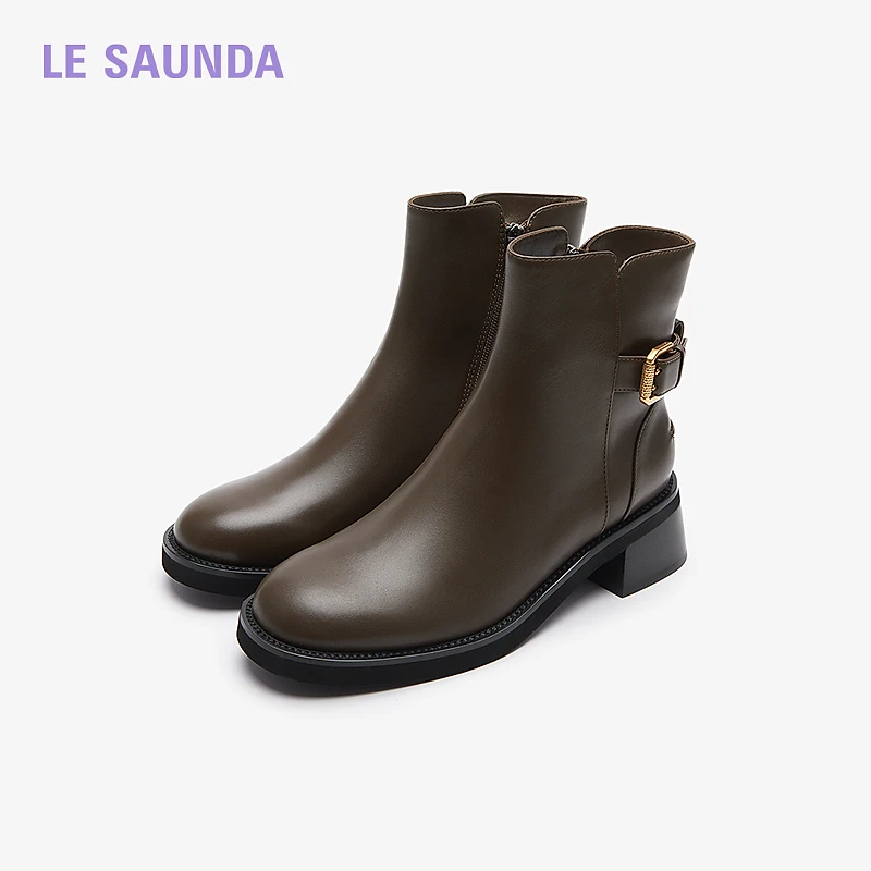 【福利专场】莱尔斯丹秋冬季商场同款时尚饰扣圆头通勤短靴5T53206