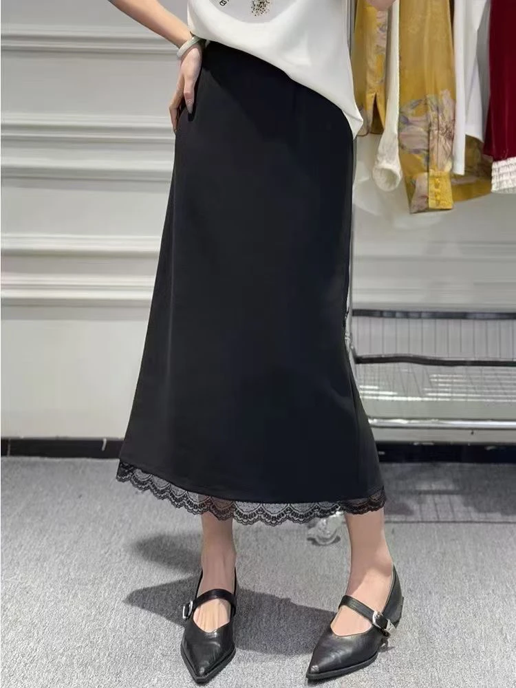 春季新款高腰蕾丝拼接半身裙显瘦气质开叉裙