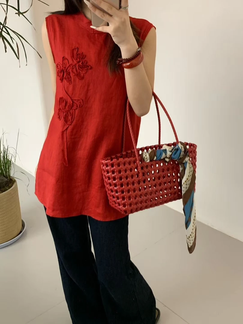 复古盘扣100亚麻立体花朵无袖上衣女夏新款时尚减龄洋气显瘦小衫