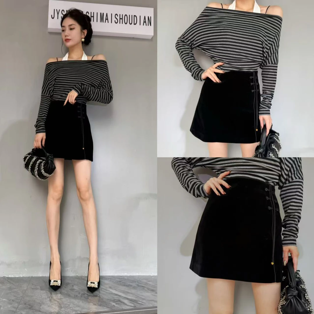 【俊英】休闲露肩T恤女2025秋新款慵懒感斜肩显瘦不规则百搭上衣