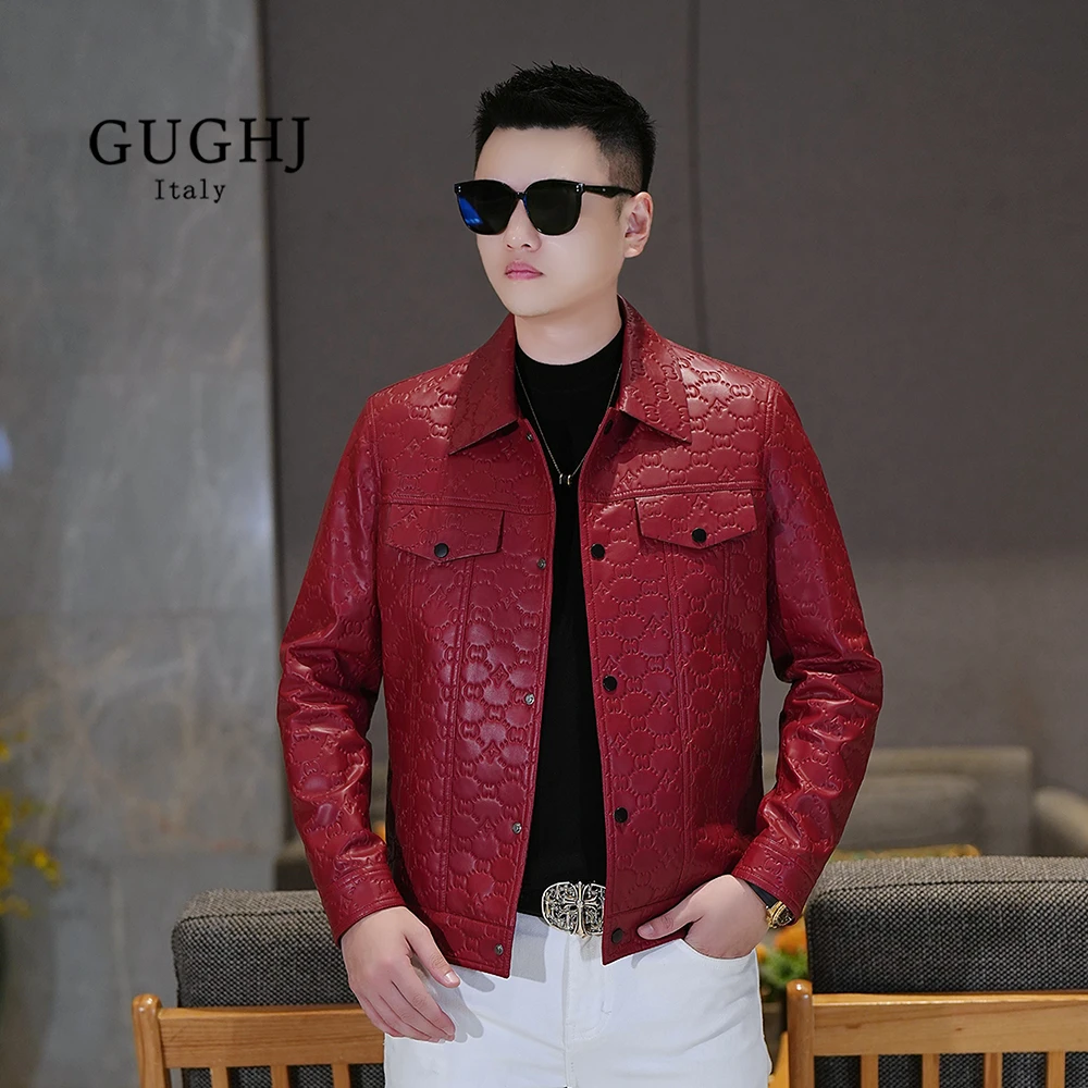 秋冬潮牌绵羊皮压花翻领皮衣男士潮流时尚修身百搭轻奢痞帅外套