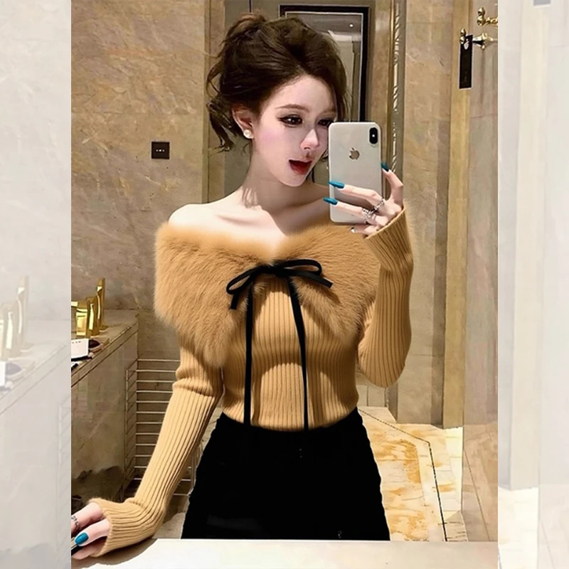 洋气时髦气质休闲外穿衣服女装秋冬卡其色一字肩毛领针织小衫上衣