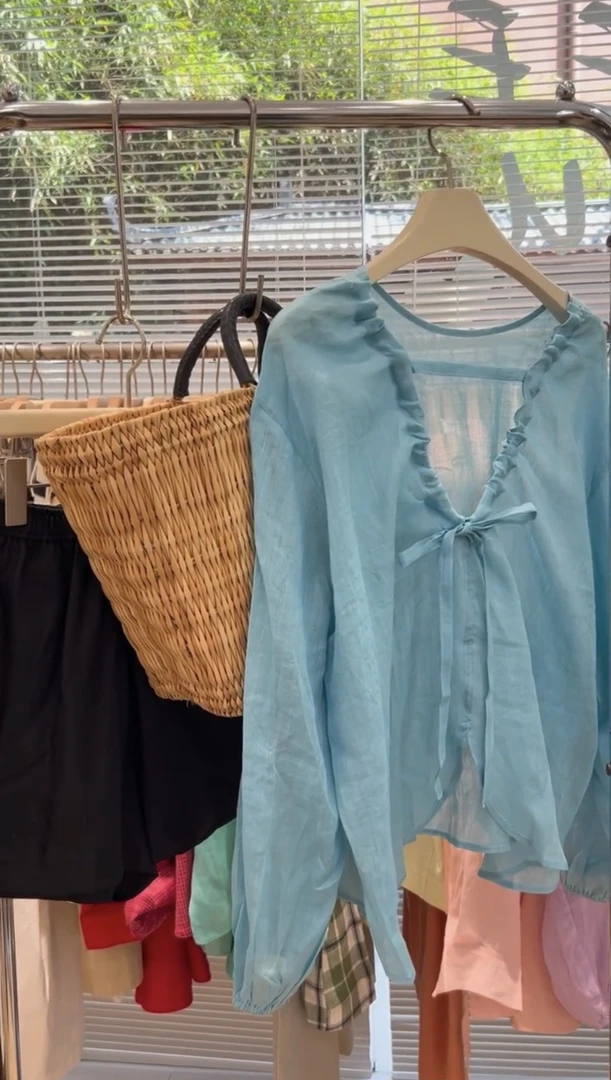 2025夏季新款甜美木耳边绑带宽松休闲衬衫女设计感小众百搭上衣