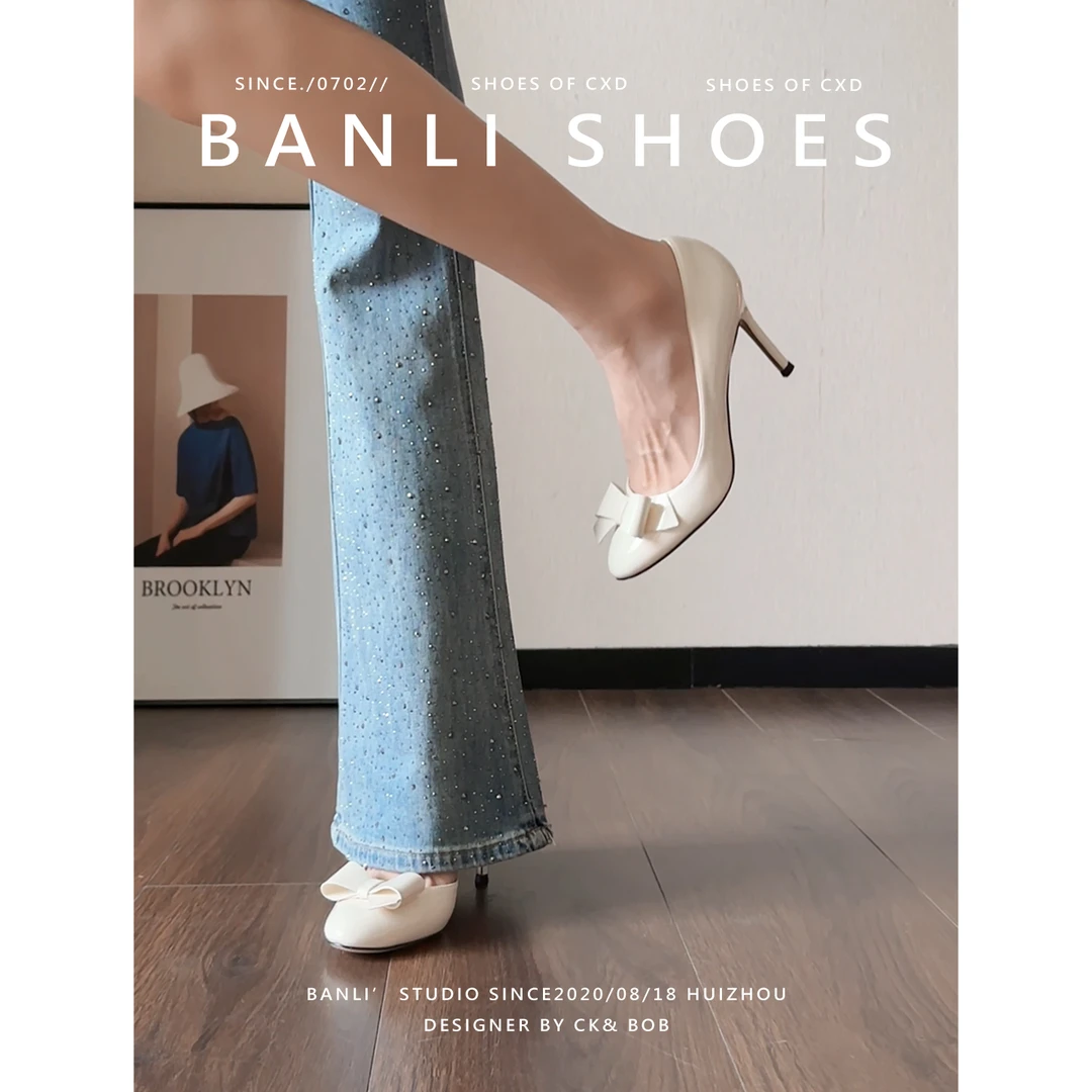 班丽 白色蝴蝶结高跟鞋女细跟2025年新款法式气质名媛浅口单鞋女