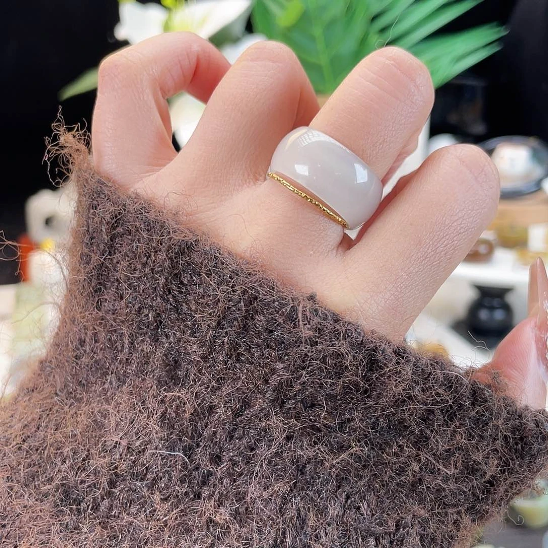 和田玉未镶嵌戒指E37藕粉墩墩18.3不退换