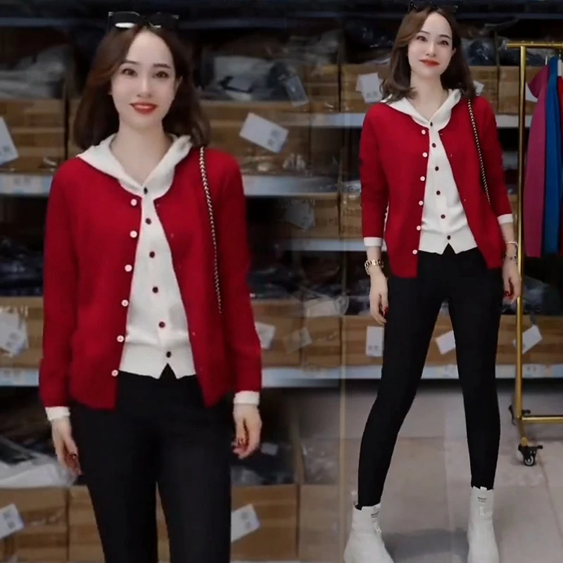 洋气假两件撞色连帽针织衫女2025年春秋新款小个子百搭外穿上衣潮