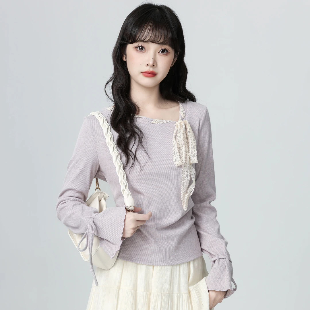 法式紫色斜领长袖T恤女秋2025春秋新款蝴蝶结系带体恤收腰短上衣