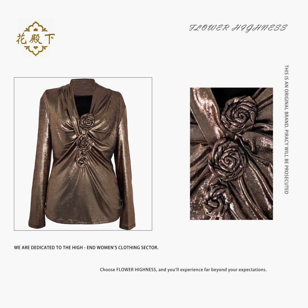 【WAN推荐】轻奢时尚洋气荡领花朵抽褶上衣