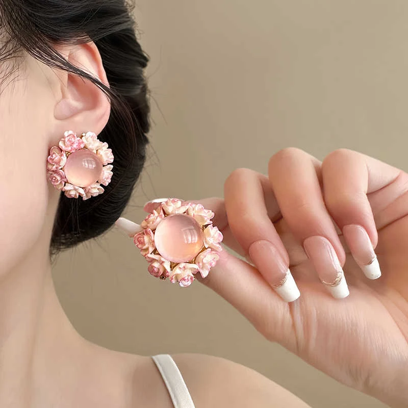 法式复古圆形花朵耳钉春夏森系甜美小清新猫眼耳环轻奢感耳饰