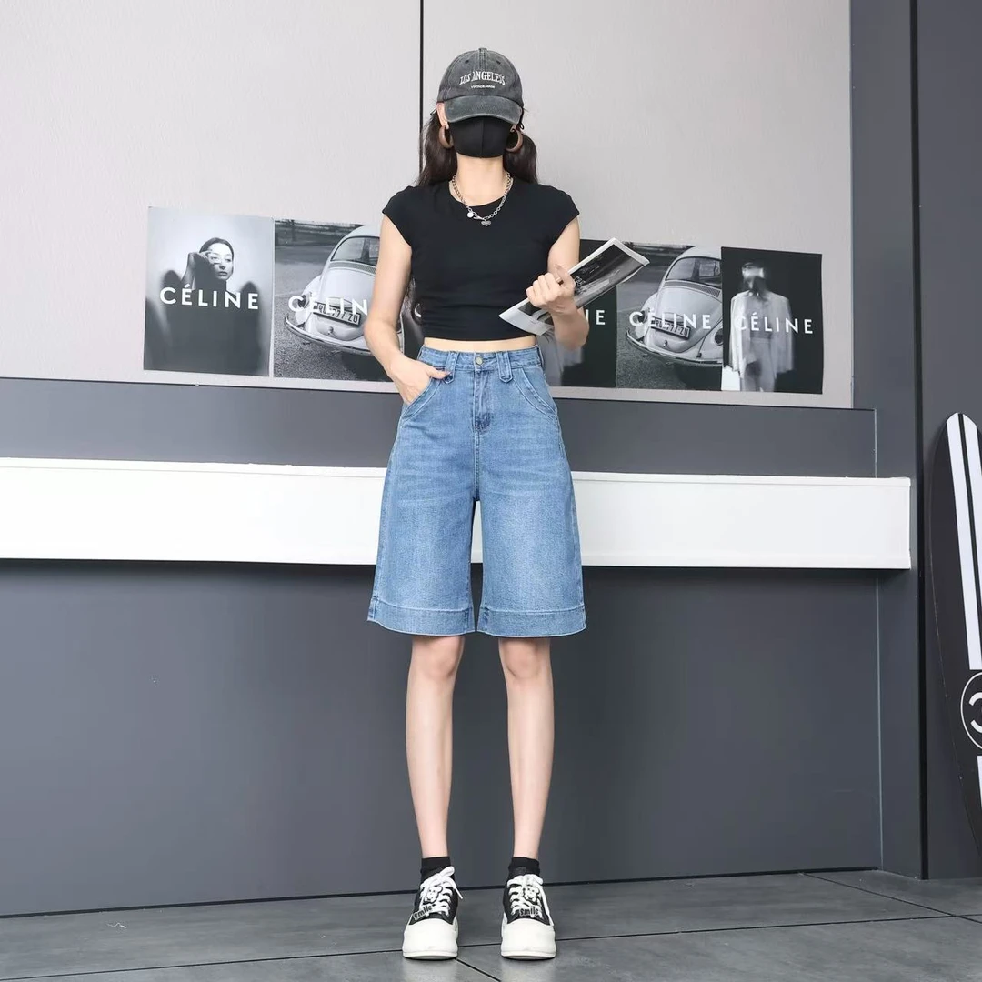 浅蓝色小个子牛仔短裤女夏季2025年新款宽松阔腿a字版高腰5分裤
