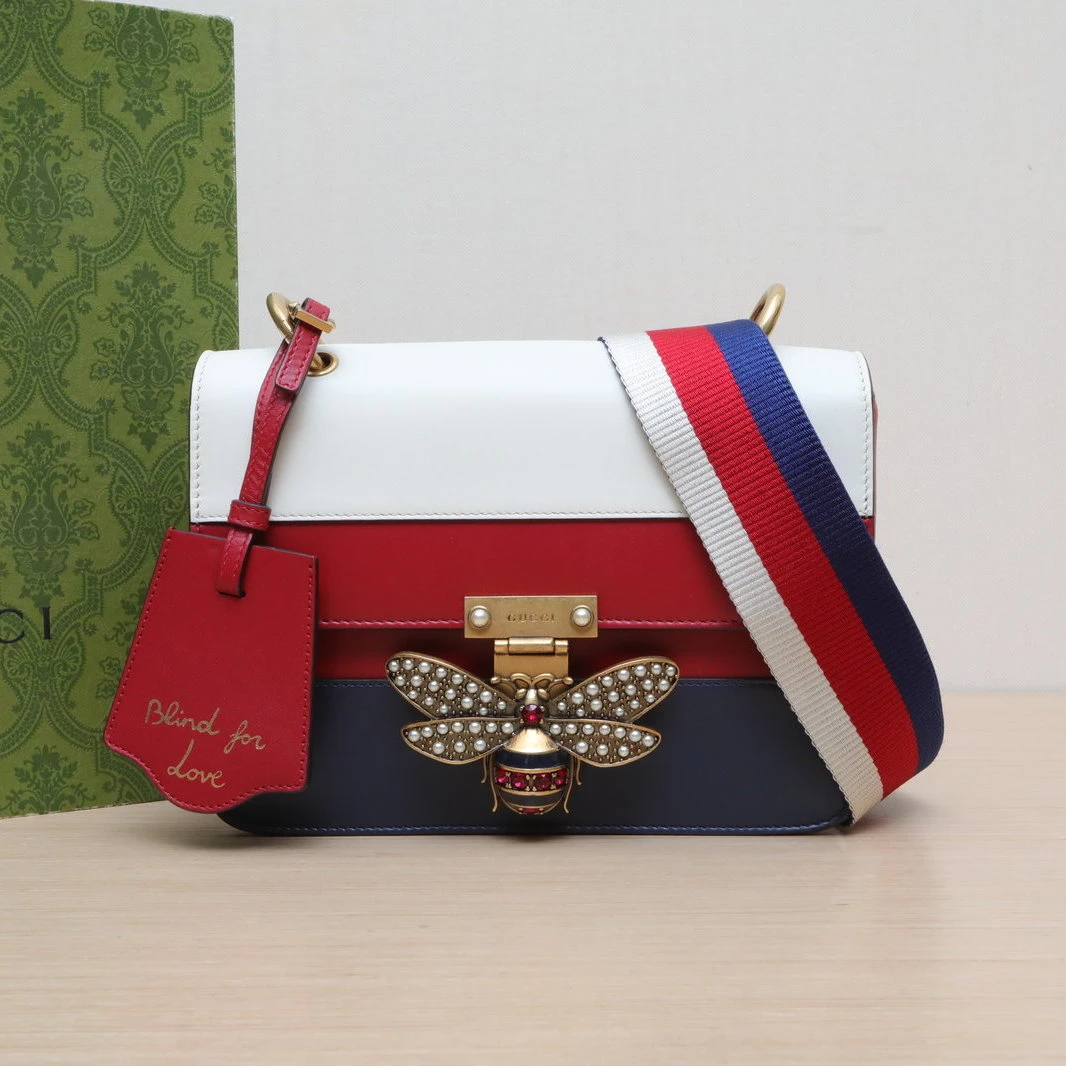 95新 GUCCI/古驰 《攀攀》 蜜蜂 宽肩带 斜挎包 皮革C 金扣