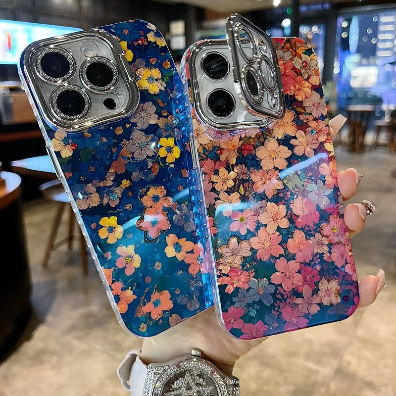 适用苹果系列iPhone16新款手机壳粉底双色花银灰色闪粉镜头支架