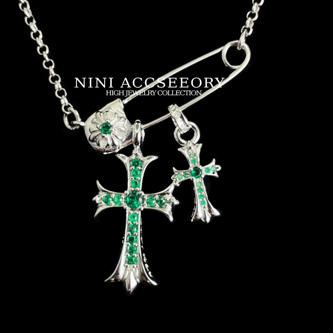 『夜魔降临』潮奢暗黑夏天薄荷绿色小众十字架双吊坠锆钻别针项链