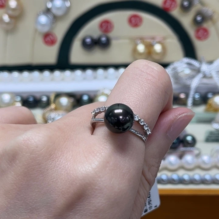 海水珍珠戒圈银S925镶嵌大溪地 9-10mm 23号