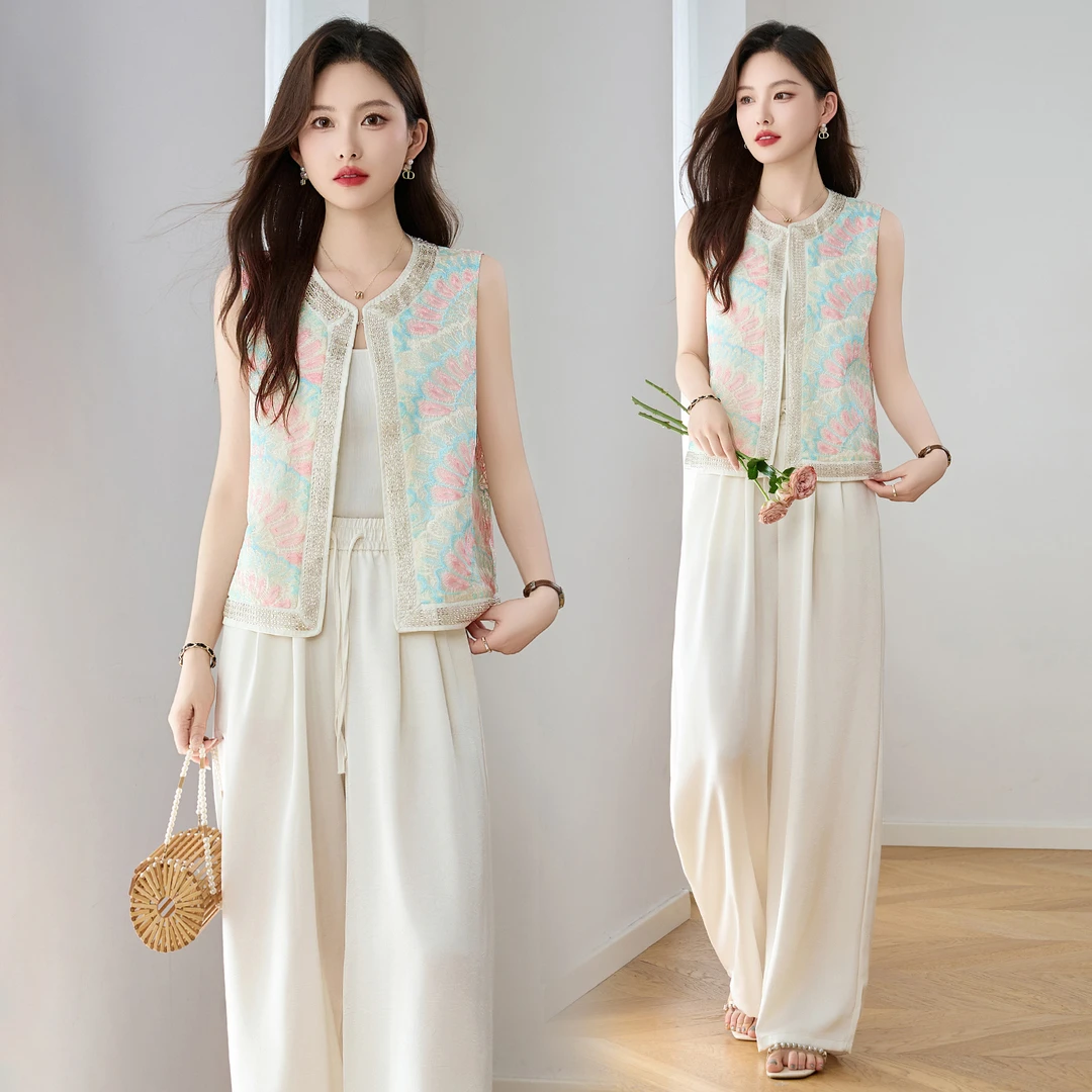新中式国风套装女2025夏季新款重工刺绣马甲背心气质阔腿裤两件套