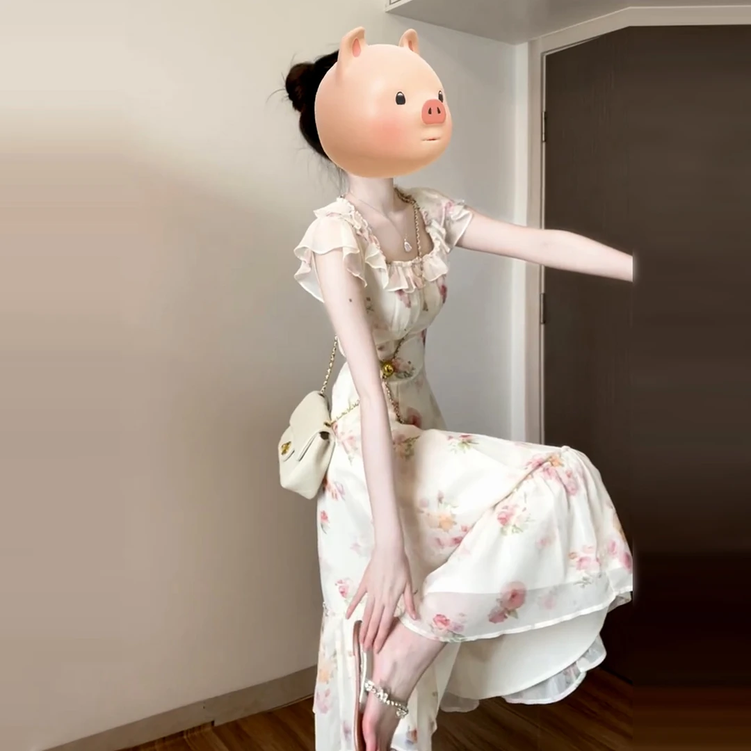 法式绝美小飞袖碎花连衣裙子女夏季2025新款海边度假气质收腰长裙