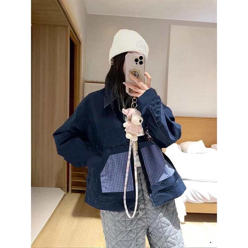 【清仓福利】藏青色牛仔外套女2025春秋款美式徽章童趣宽松情侣夹克