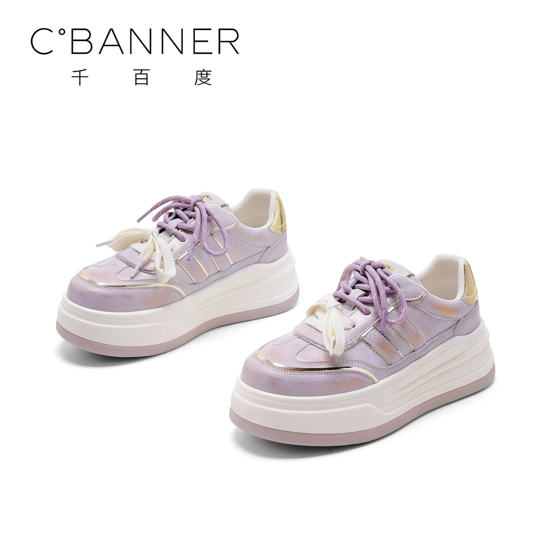 C.BANNER/千百度时尚休闲鞋女2025新款擦色百搭厚底系带休闲板鞋