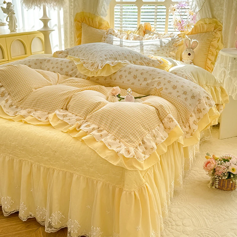 新款四季款床盖四件套轻奢蕾丝床品三件套秋冬小碎花四件套可机洗