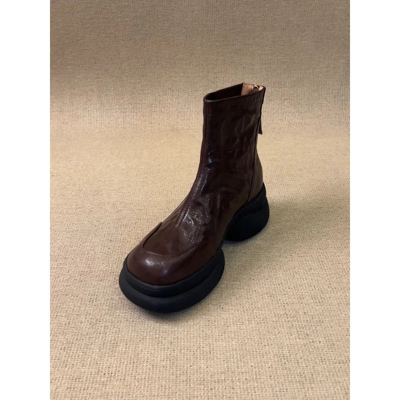 nnmiss/5cm复古风厚底圆头切尔西靴手抓纹羊皮后拉链通勤短靴