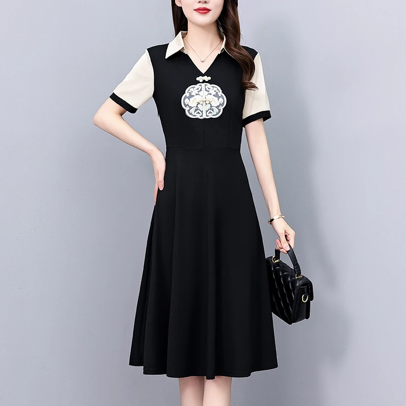 新中式复古风大码女装胖胖妹妹修身中长款短袖连衣裙子