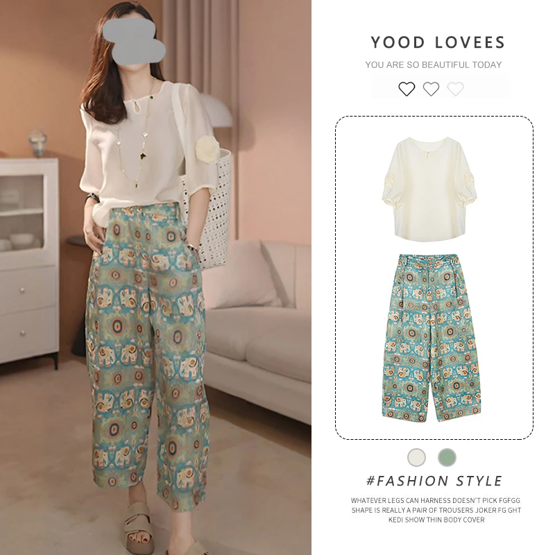 立体花朵别致衬衣短袖上衣女2025夏季新款韩版百搭复古直筒裤套装