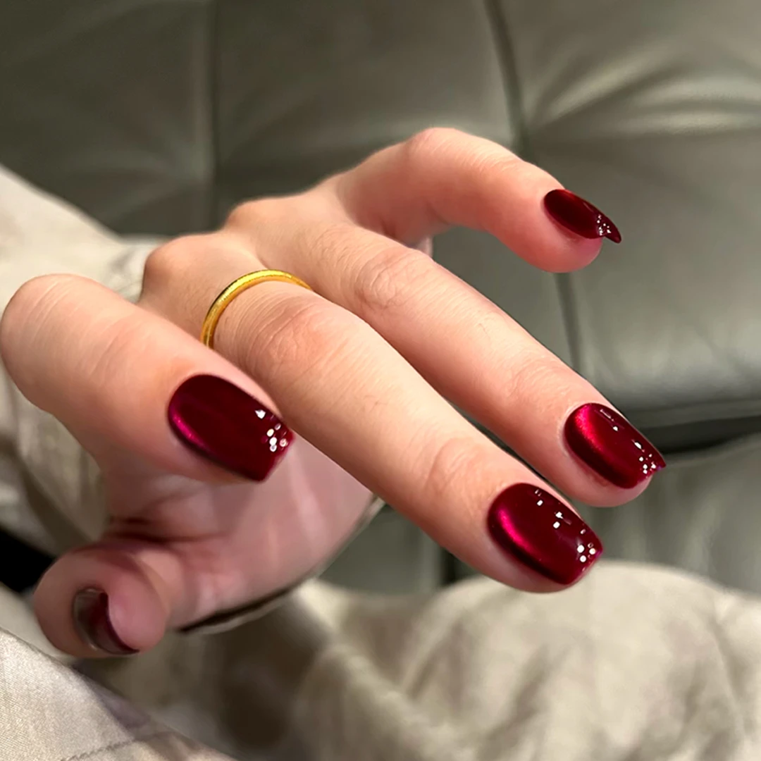 Imayhoo纯手工穿戴甲【火龙果】短方圆 玻璃珠猫眼OMDXX090