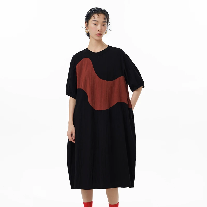 MOVEUP幻走2025夏季新款.FUN 圆领撞色设计梭织连衣裙325221366