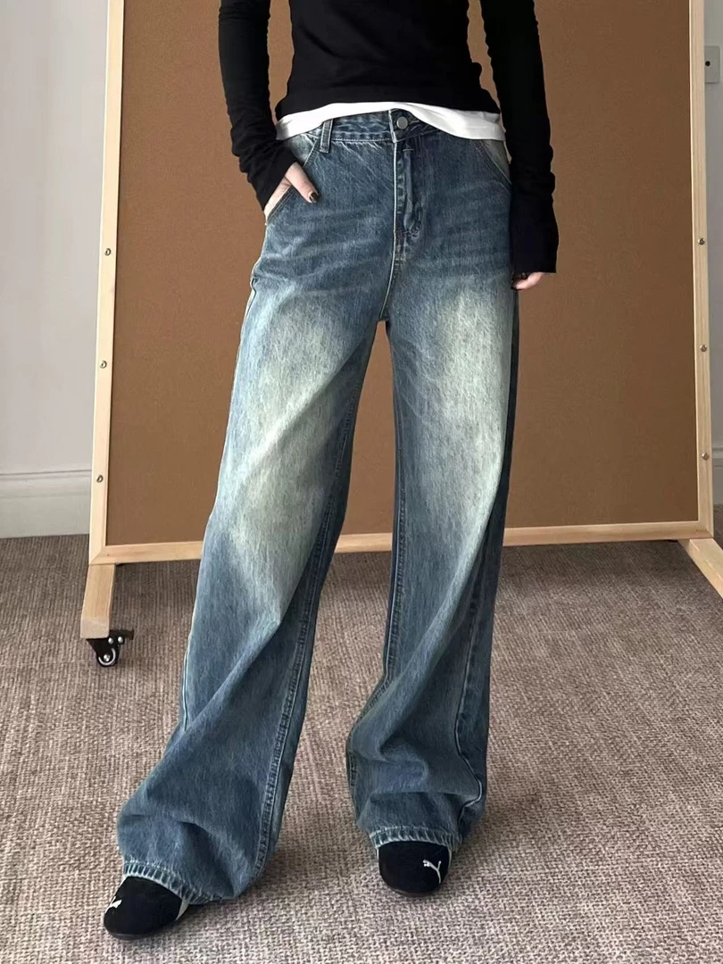 【玟】美式复古水洗蓝色牛仔裤阔腿宽松直筒松弛感休闲长裤