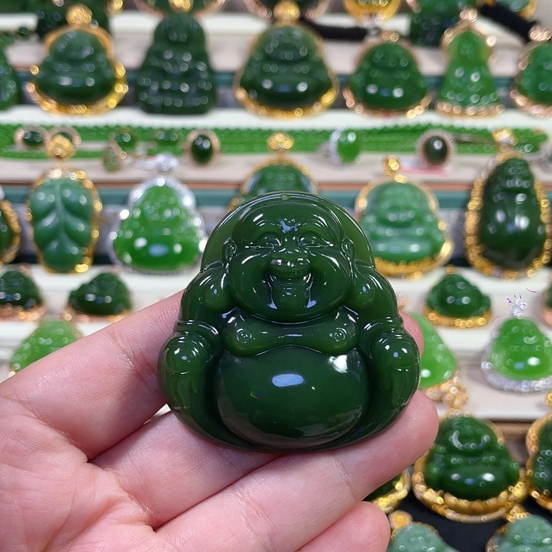 颈饰未镶嵌和田玉（碧玉）辣绿佛公50mm