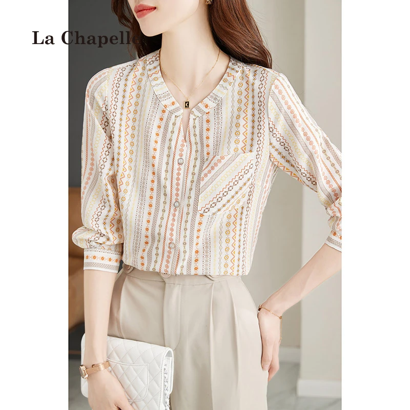拉夏贝尔港风复古印花V领衬衫女春季洋气百搭显瘦长袖雪纺衫小衫
