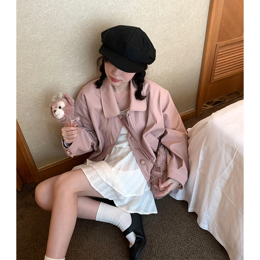 复古甜美粉色PU皮衣外套女2025秋季新款独特别致宽松显瘦夹克上衣