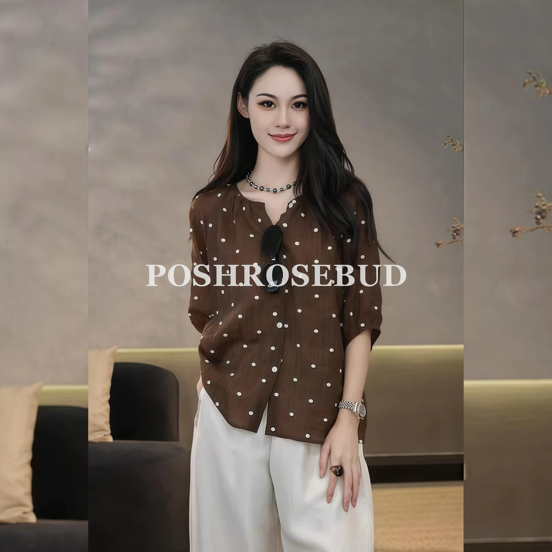 POSHROSEBUD【咖波点】莱赛尔褶皱刺绣波点薄款气质上衣衫-W61819