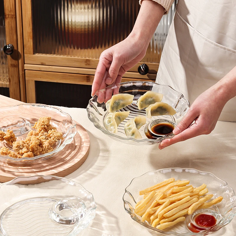 加厚带醋碟玻璃饺子盘家用创意日式碟子透明高颜值网红盘子点心盘