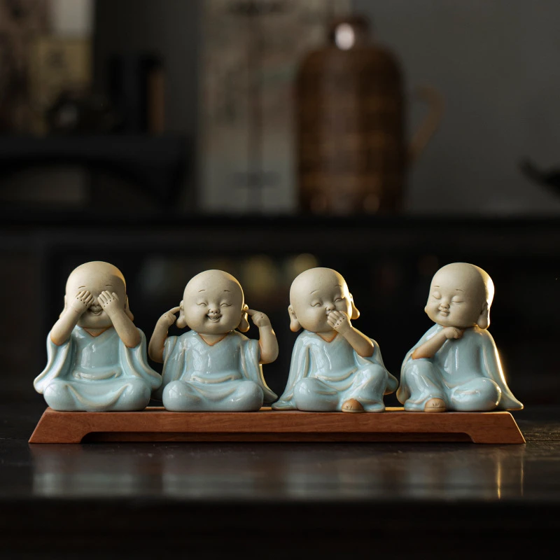 中式四不小和尚茶宠摆件创意可爱陶瓷汝窑茶台茶桌桌面装饰品