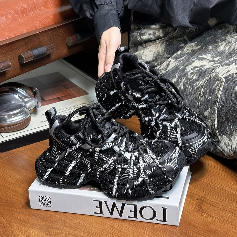 设计水钻满钻绑带厚底老爹鞋女秋冬新款时尚小个子增高休闲运动鞋