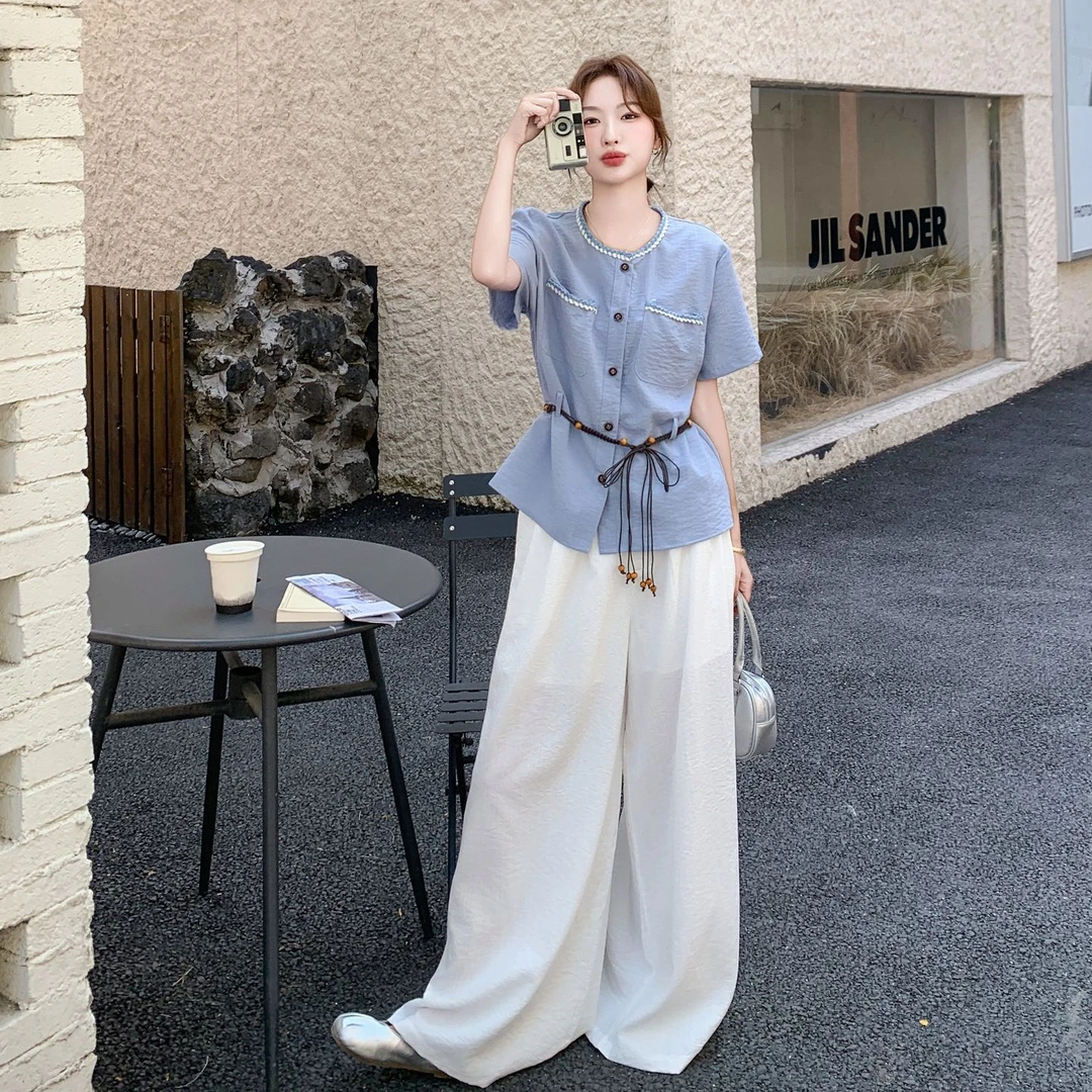 法式蓝色高端轻奢小香风上衣阔腿裤两件套女生夏季新款气质套装