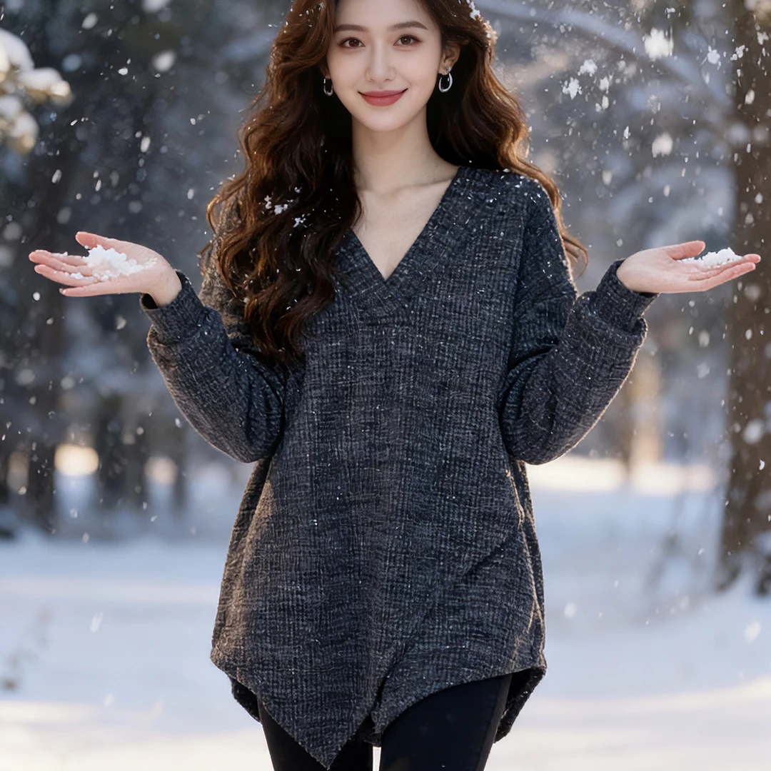 冬季新款大码女装时尚休闲百搭V领不规则宽松T恤上衣