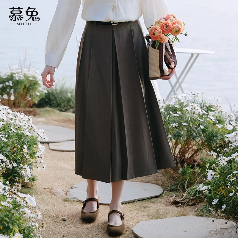 复古学院风百褶半身裙女秋季新款高腰设计感小个子中长裙TU16827
