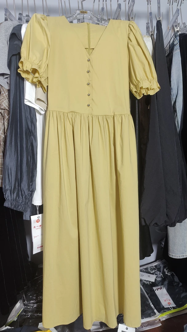 V领高端品质黄色夏季连衣裙韩系加长款系绳款连衣裙